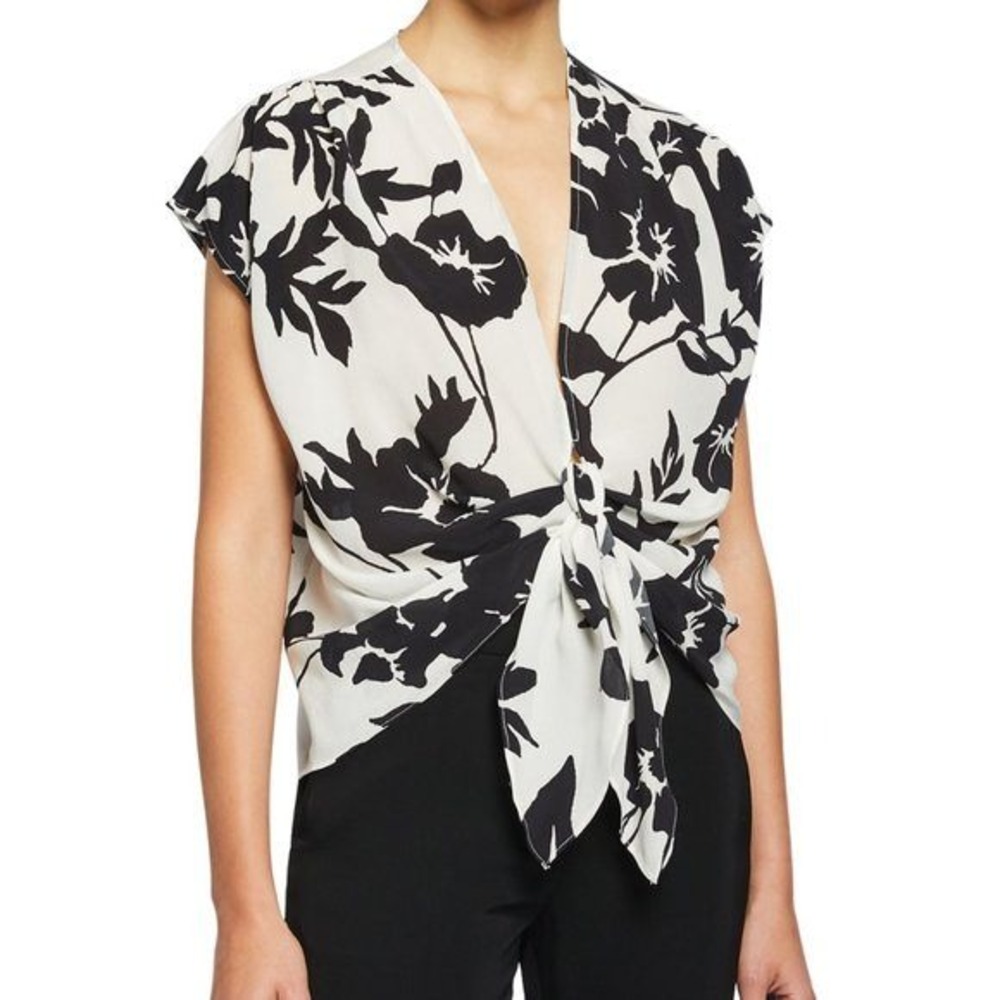 Ramy Brook Cardin Floral Silk Blend Top Women's M/L Tie Front Black White NWOT
